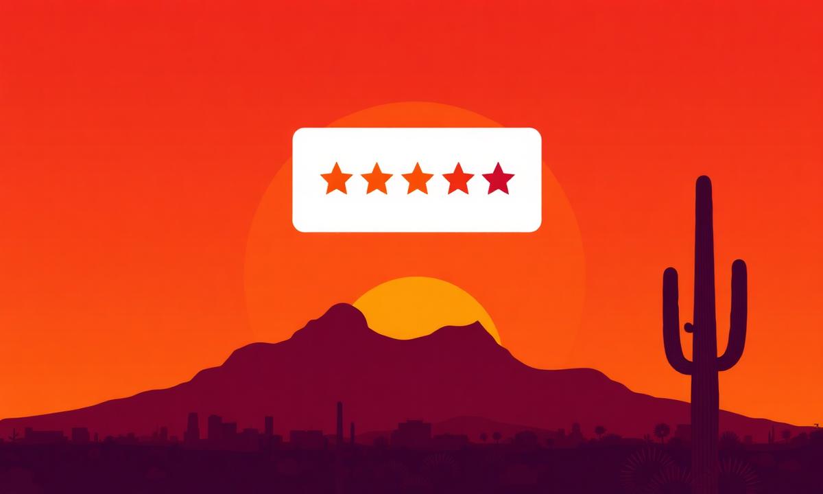 Five-star review card over a stylized Phoenix skyline silhouette with Camelback Mountain and a saguaro cactus at sunset, representing Phoenix reputation management