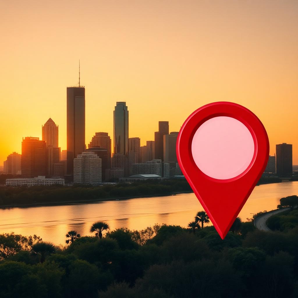 Houston skyline at golden hour with Buffalo Bayou and a crimson local-search map pin over downtown, illustrating reputation management in Houston