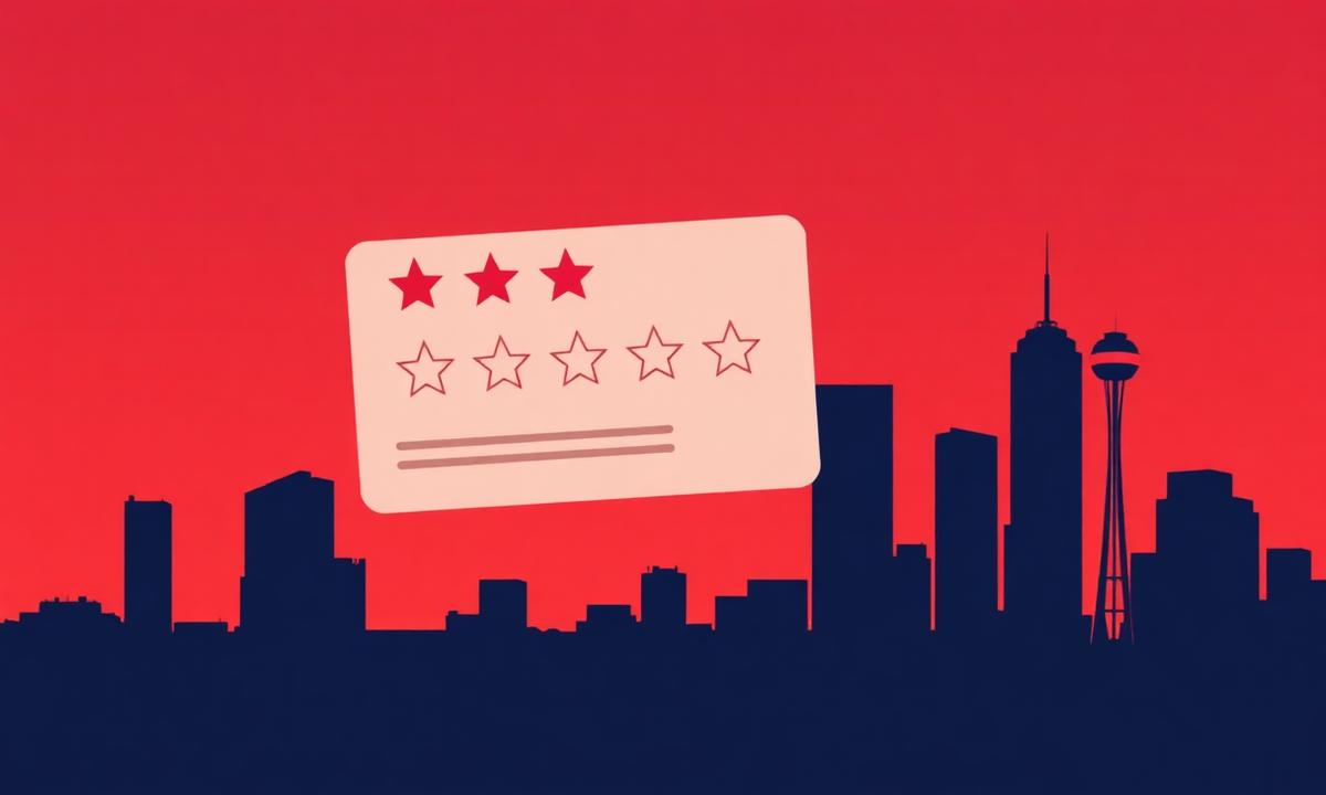 Five-star review card over a stylized Dallas skyline silhouette, representing Dallas reputation management