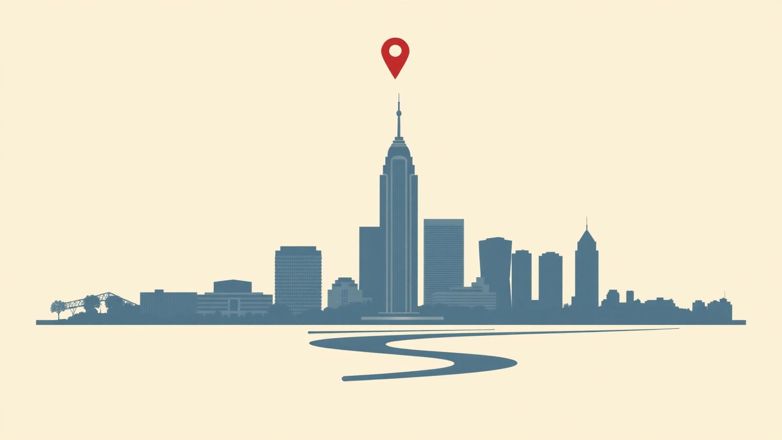 Minimalist Columbus Ohio skyline silhouette along the Scioto River with a crimson map pin, header image for the 2026 rankings of the best reputation management companies in Columbus