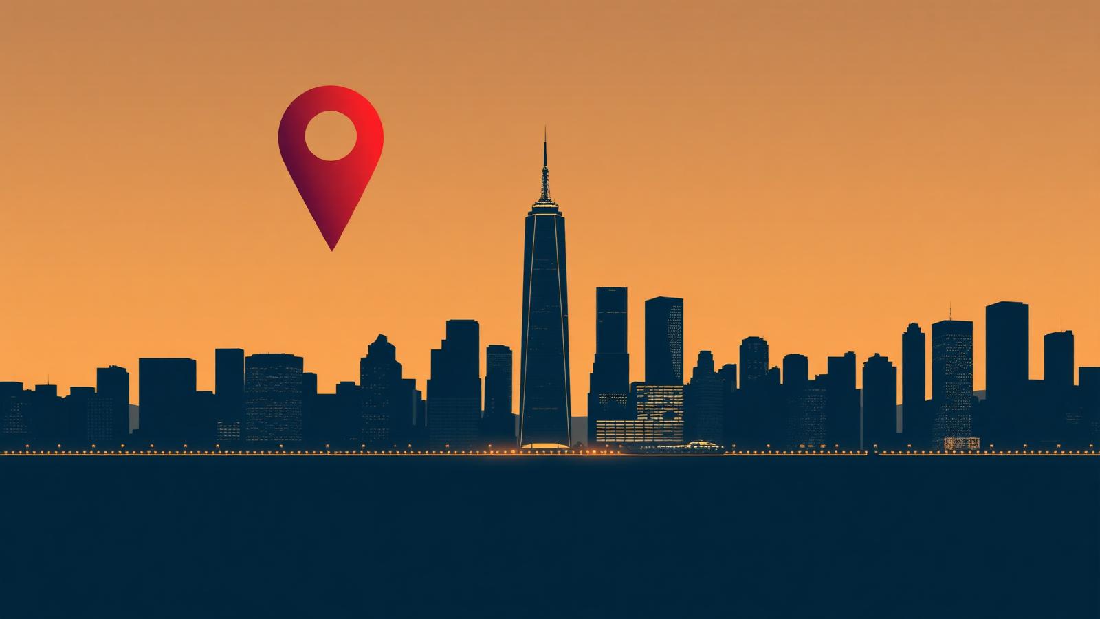 New York City skyline at dusk with a crimson local-search map pin, illustrating reputation management in NYC