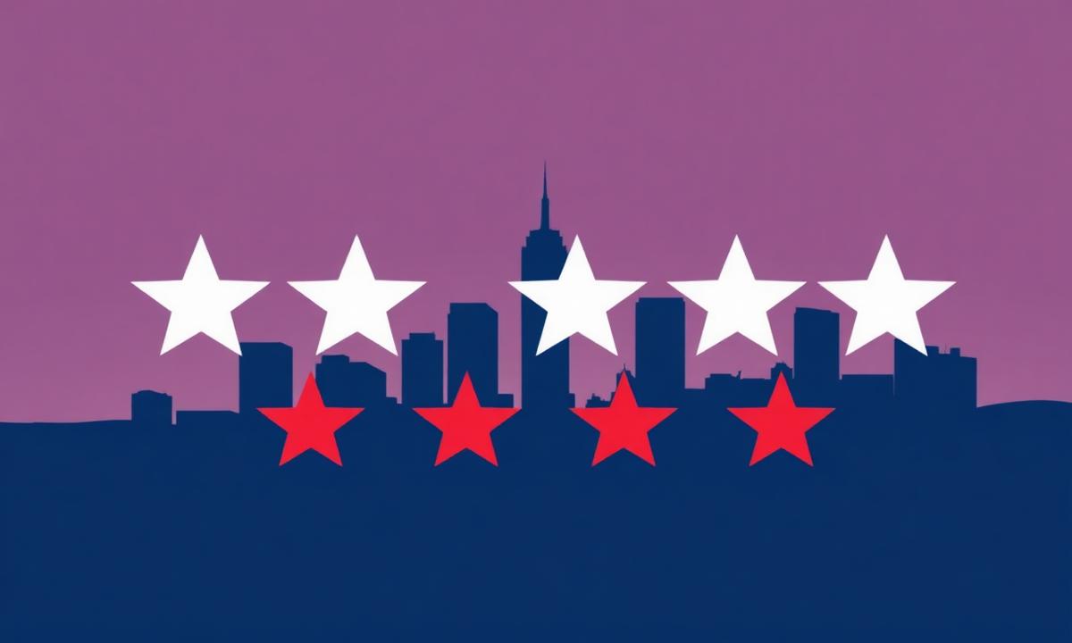 Five-star review illustration over a stylized NYC skyline, representing New York reputation management