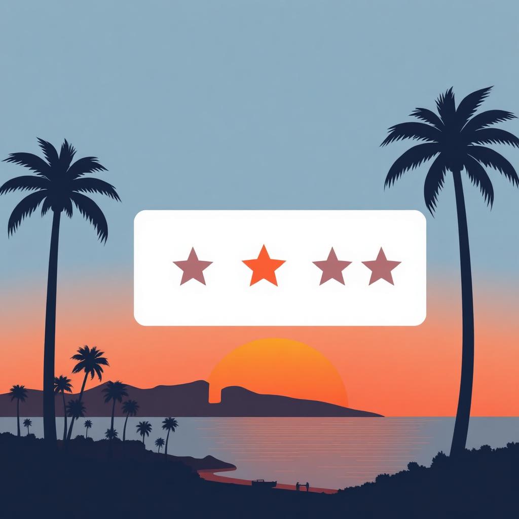 Five-star review card over a stylized San Diego coastline silhouette with palm trees at sunset, representing San Diego reputation management
