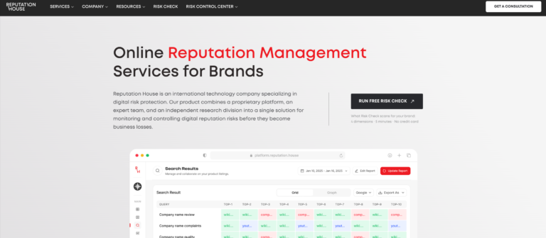 Reputation House homepage showing online reputation management services for brands