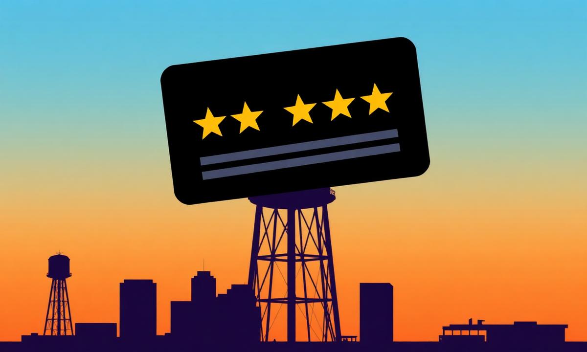 Five-star review card over a stylized Fort Worth skyline silhouette with the Stockyards water tower, representing Fort Worth reputation management