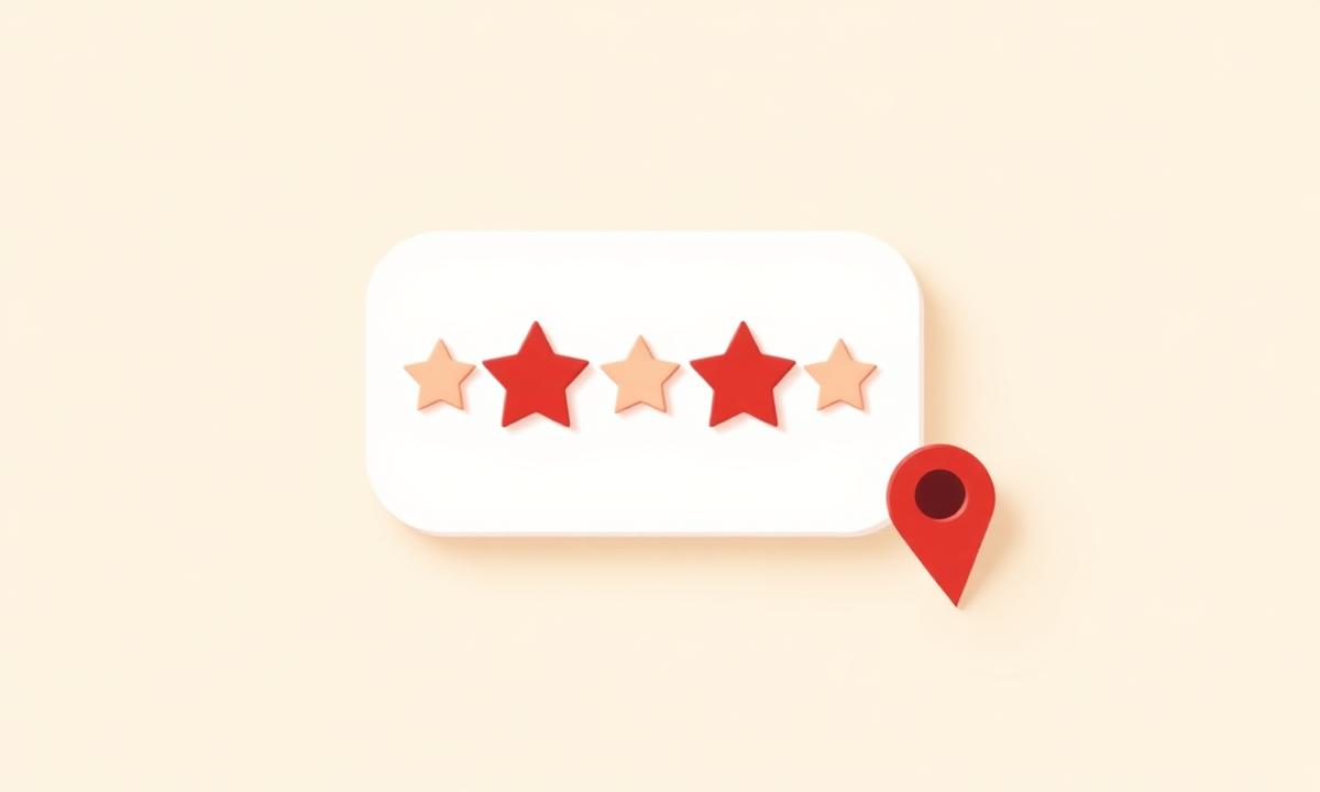 Simple illustration of a five-star review card with a crimson map pin, representing Oklahoma City local reviews and reputation management