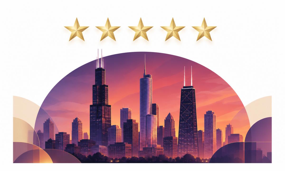 Five-star review card over a stylized Chicago skyline silhouette, representing Chicago reputation management