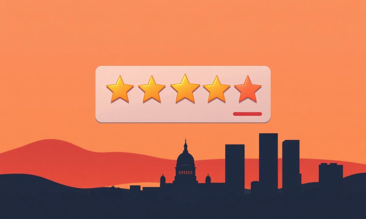 Five-star review card over a stylized Austin skyline silhouette with the capitol dome, representing Austin reputation management