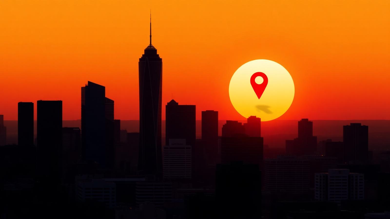 Dallas skyline at sunset with Reunion Tower and a crimson local-search map pin, illustrating reputation management companies in Dallas