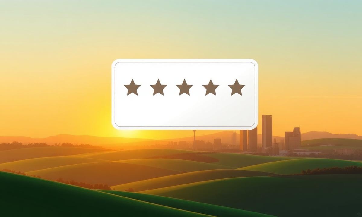 Five-star review card floating above rolling Central Ohio farmland and the Columbus skyline at sunset, representing Columbus reputation management