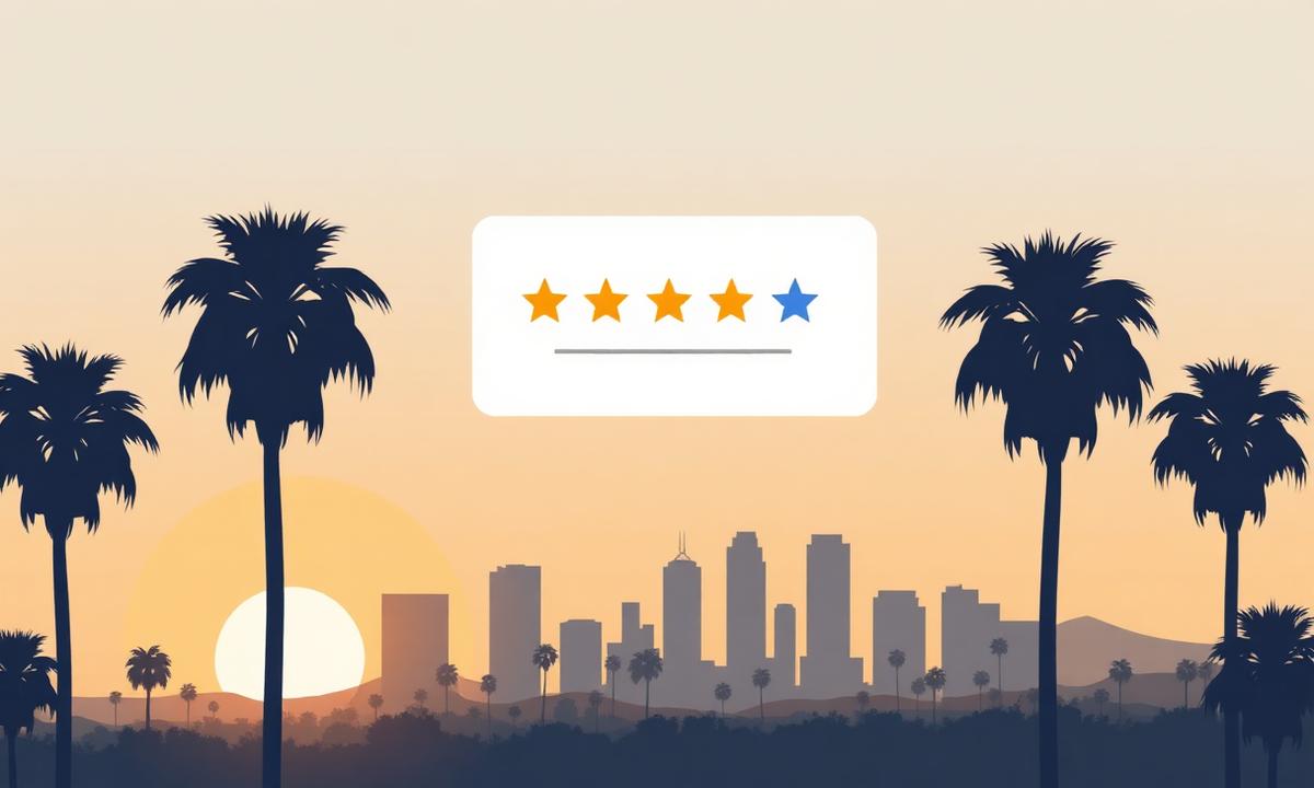 Five-star review card over a stylized Los Angeles skyline with palm trees, representing LA reputation management
