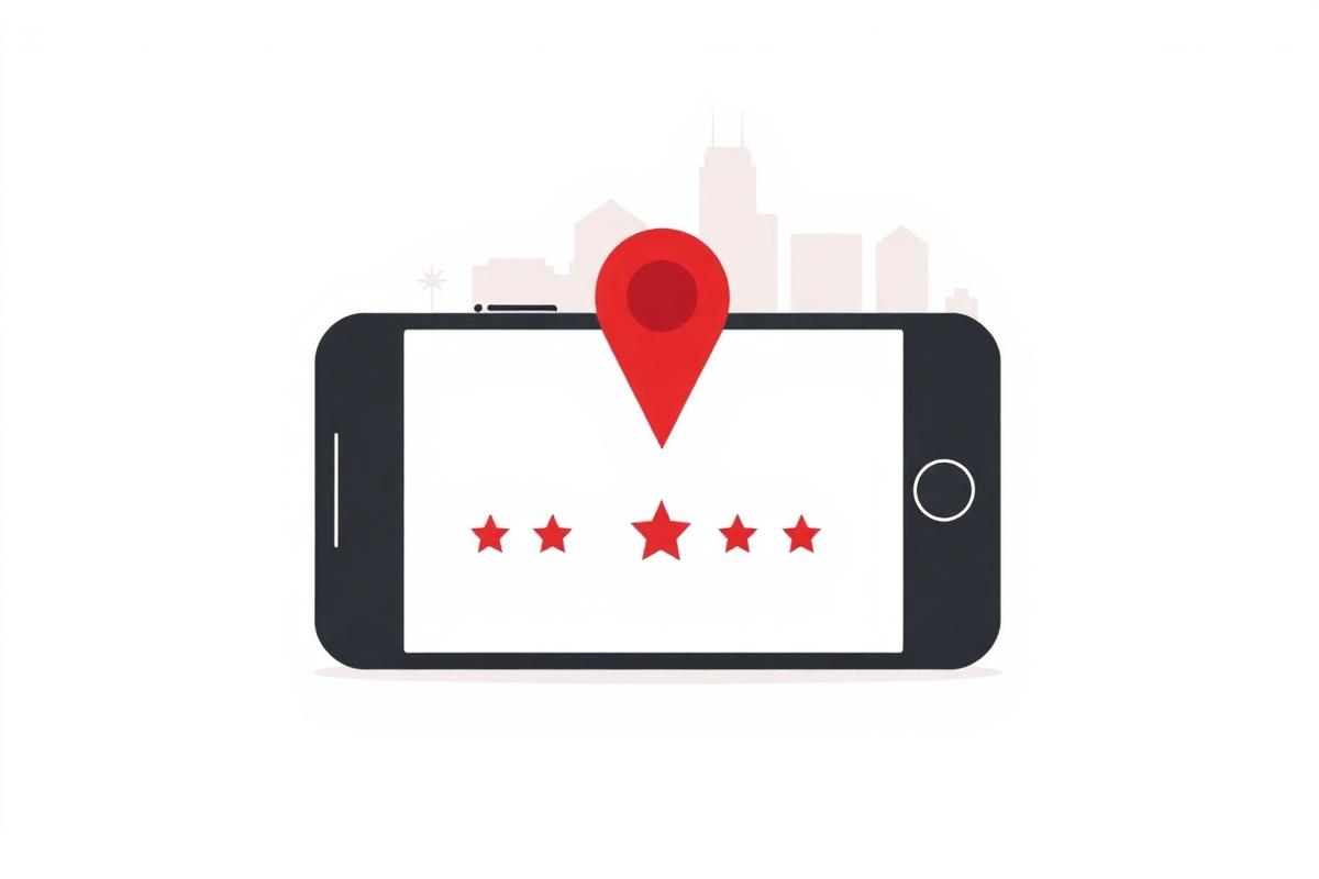 Simple illustration of a phone showing a map pin and five stars with a Charlotte skyline outline, representing Charlotte local reviews and reputation management