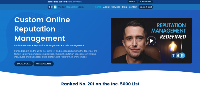 TheBestReputation homepage showing custom online reputation management services