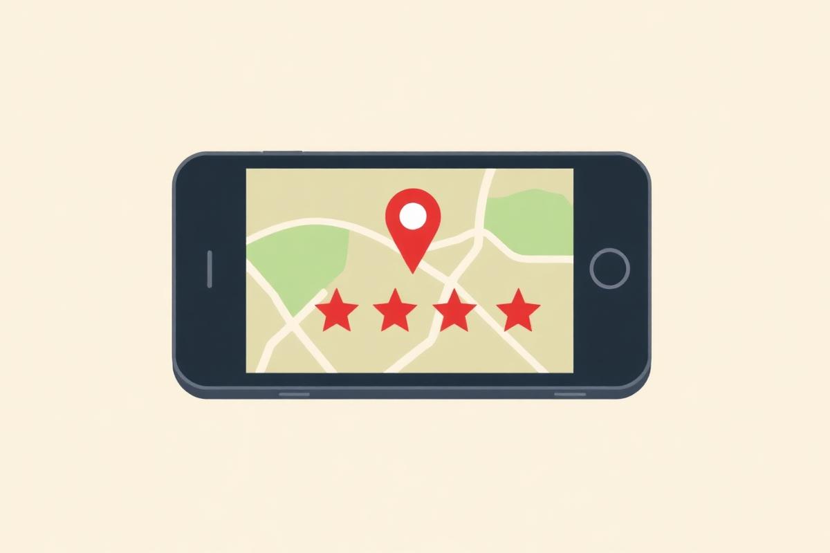 Simple illustration of a phone showing a map pin and review stars, representing San Francisco local reviews and reputation management
