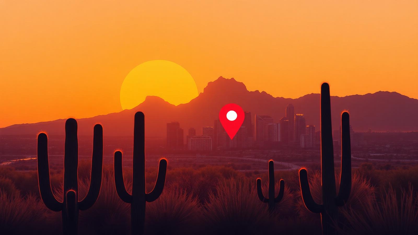 Phoenix skyline at sunset with Camelback Mountain, saguaro cacti, and a crimson local-search map pin over downtown, illustrating reputation management in Phoenix