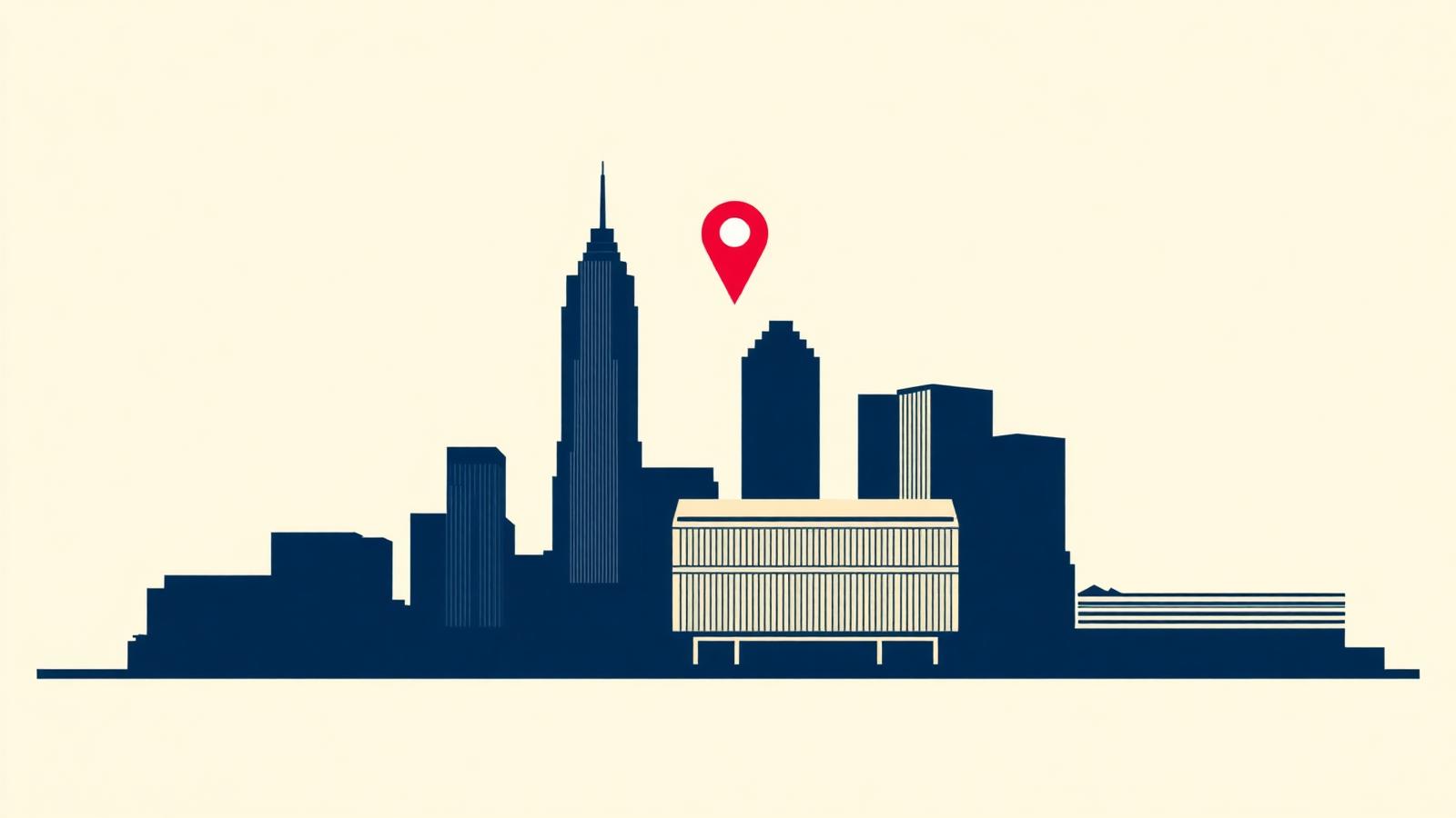 Minimalist Charlotte North Carolina skyline silhouette with a crown-topped tower and a crimson map pin, header image for the 2026 rankings of the best reputation management companies in Charlotte