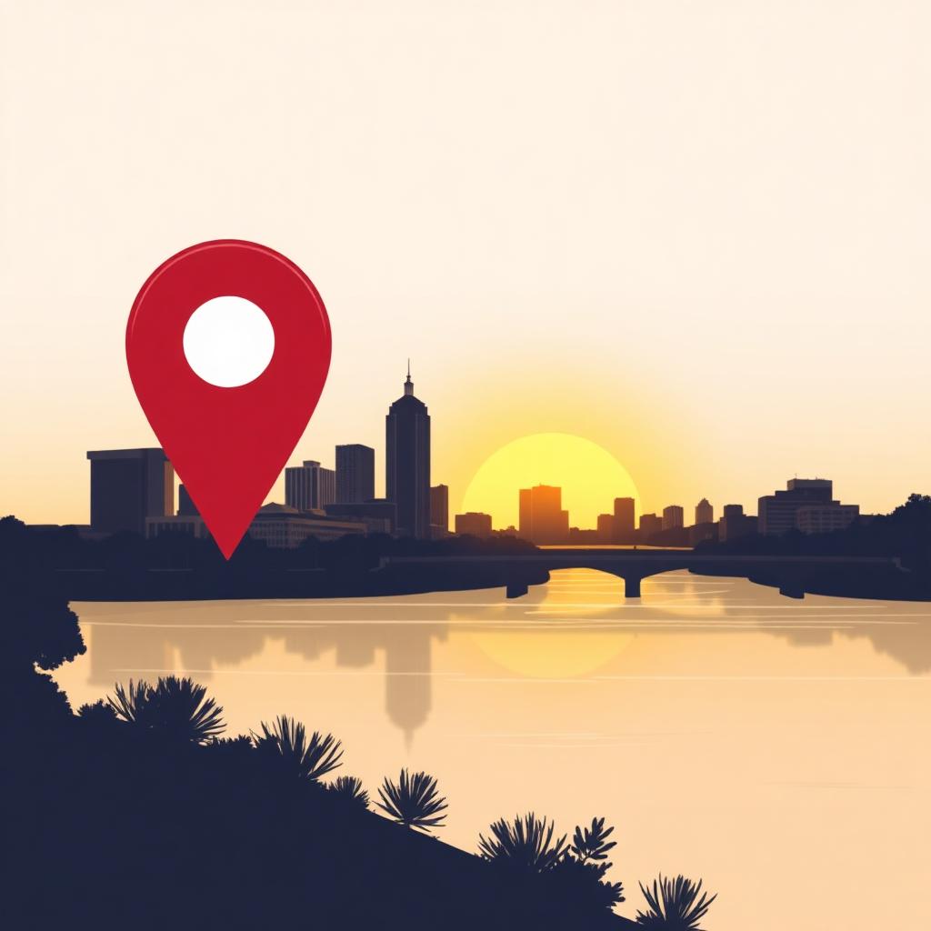 San Antonio skyline at golden hour with the Tower of the Americas and a crimson local-search map pin, illustrating reputation management companies in San Antonio