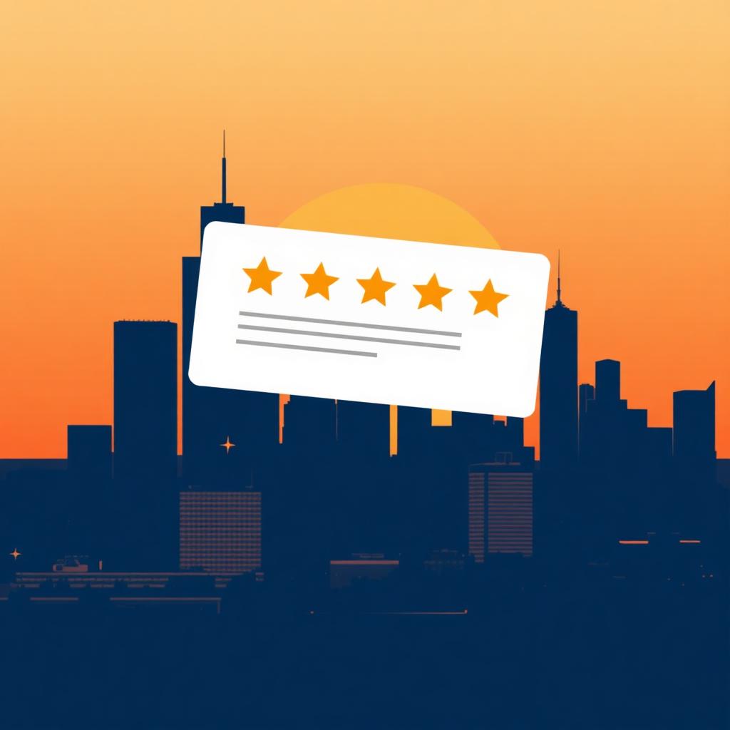 Five-star review card over a stylized Houston skyline silhouette at sunset, representing Houston reputation management