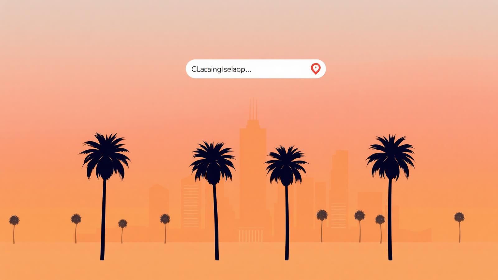 Los Angeles skyline at sunset with palm trees and a crimson local-search map pin, illustrating reputation management in Los Angeles