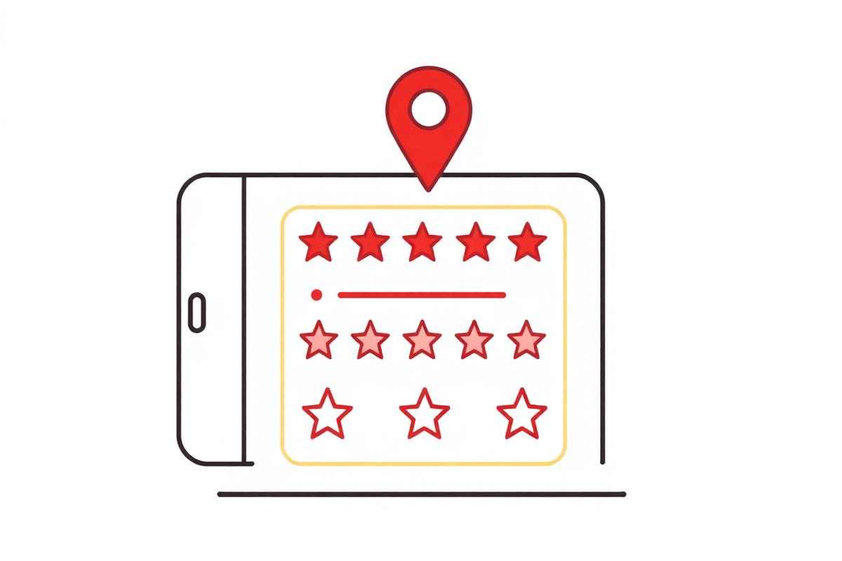 Simple illustration of a phone showing a map pin and review stars, representing Denver local reviews and reputation management