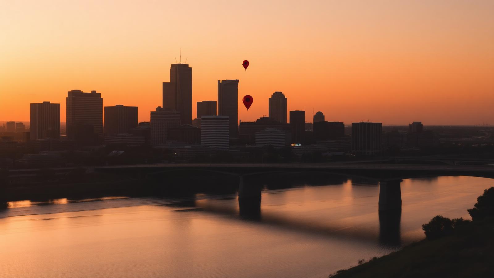 Austin skyline at golden hour over Lady Bird Lake with a crimson local-search map pin, illustrating reputation management companies in Austin
