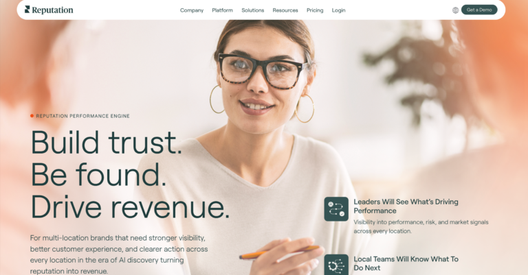 Reputation.com homepage promoting its reputation performance platform for multi-location brands