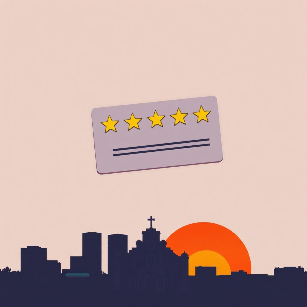 Five-star review card over a stylized San Antonio skyline silhouette at sunset, representing San Antonio reputation management