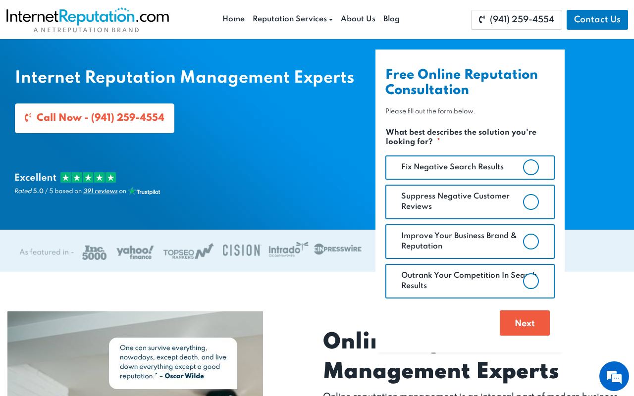 Homepage screenshot of InternetReputation.com