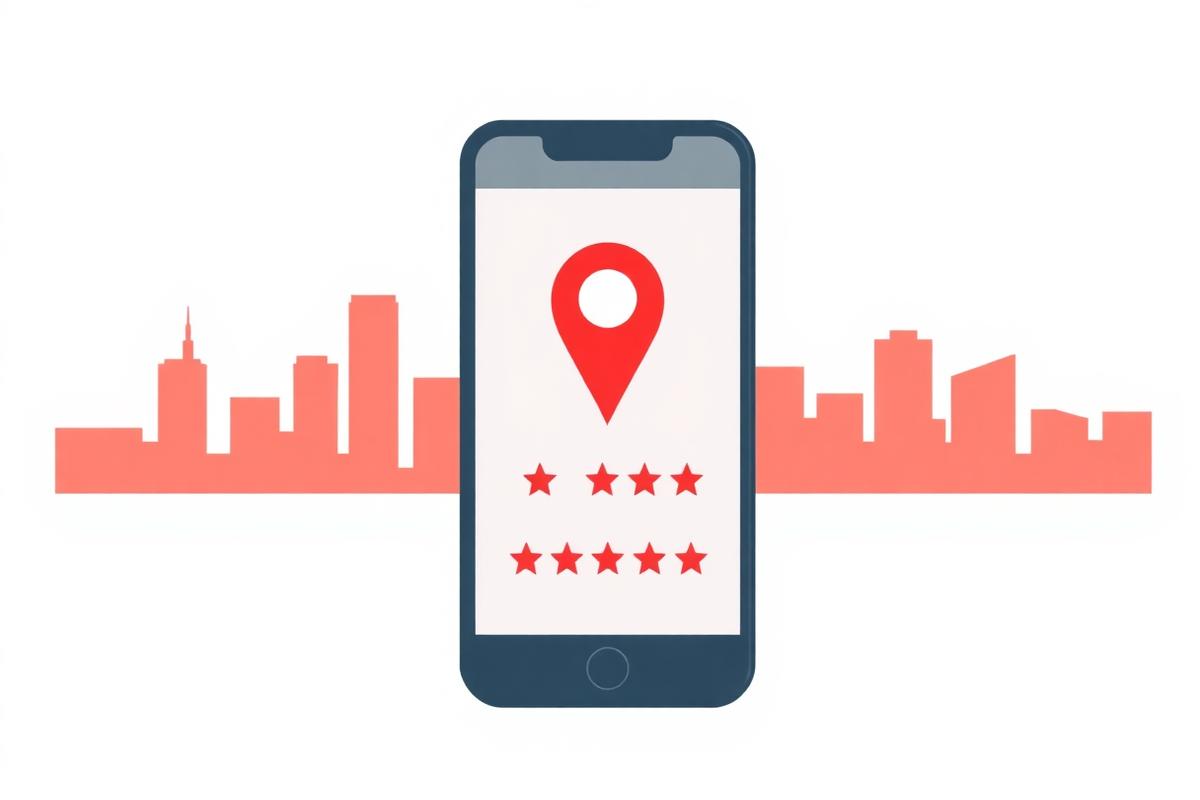 Simple illustration of a phone showing a map pin and five stars with an Indianapolis skyline outline, representing Indianapolis local reviews and reputation management