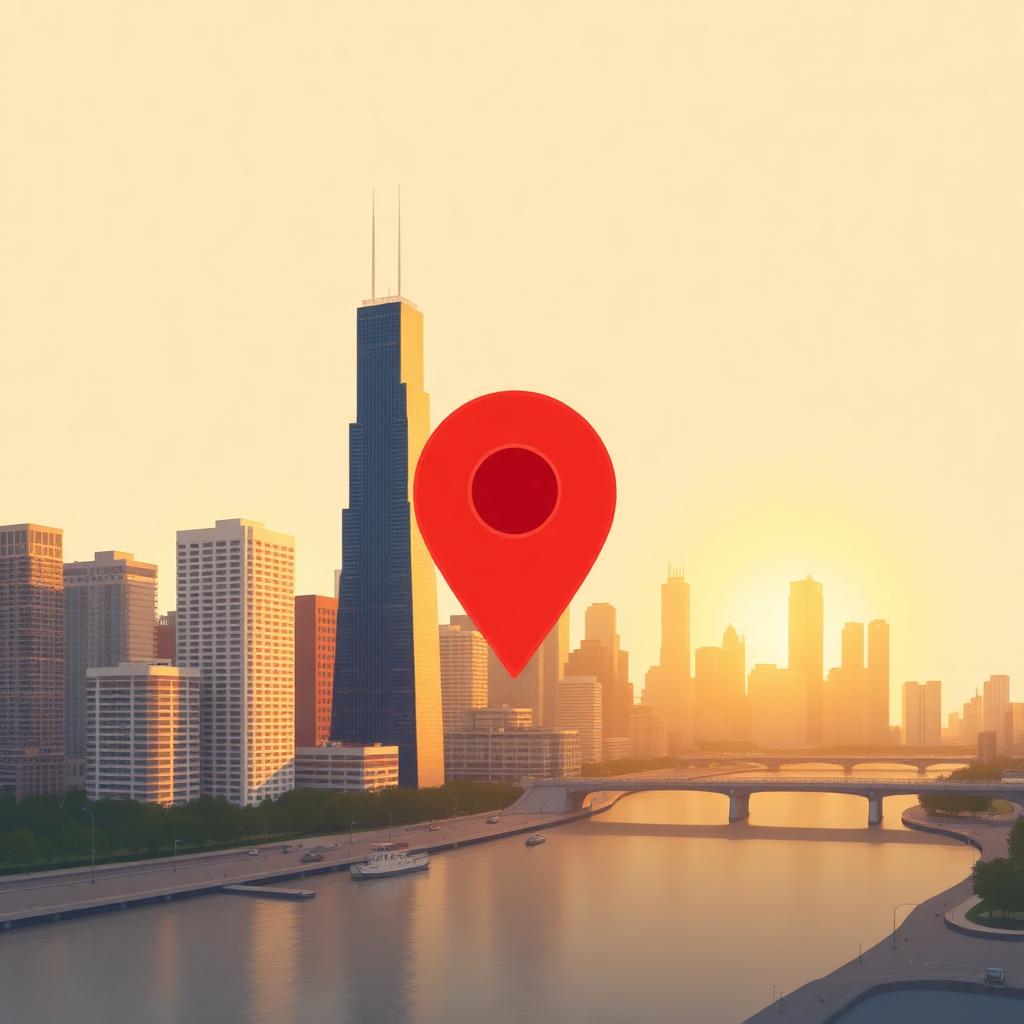 Chicago skyline at golden hour with the Chicago River and a crimson local-search map pin over the Loop, illustrating reputation management in Chicago
