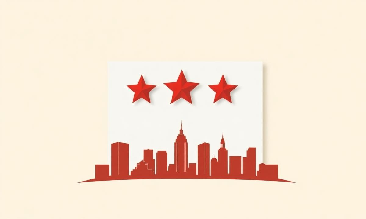 Simple review card with red stars above a stylized Columbus skyline, representing Google review velocity for Columbus local businesses
