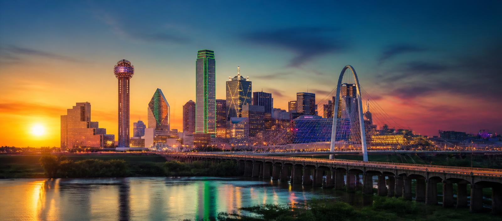 Cinematic Dallas skyline with Reunion Tower and the Margaret Hunt Hill Bridge at golden hour