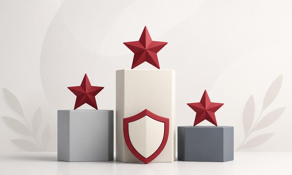 Illustration of a ranking podium with crimson stars and a shield, representing ranked reputation management firms in 2026