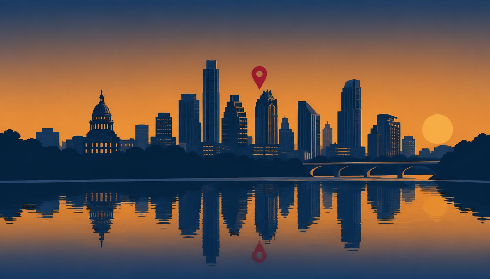 Minimalist Austin skyline illustration at dusk with the Texas capitol dome reflected in Lady Bird Lake and a crimson map pin over downtown, header image for the best online reputation management companies in Austin reviewed