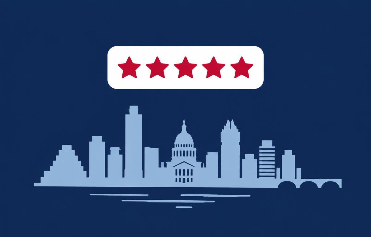 Simple review card with five crimson stars above a stylized Austin skyline silhouette with the capitol dome, representing Google review velocity for Austin local businesses
