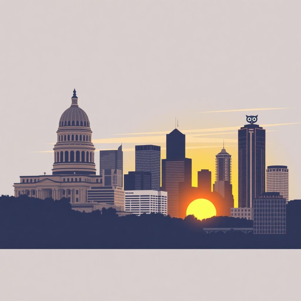 Stylized illustration of the Austin skyline with the Capitol dome and Frost Bank Tower's owl-eyes crown at sunset