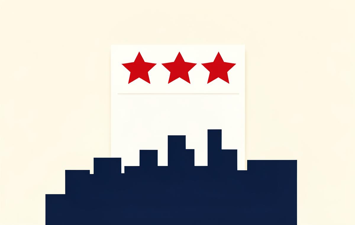 Simple review card with crimson stars above a stylized Austin skyline, representing Google review velocity for Austin local businesses