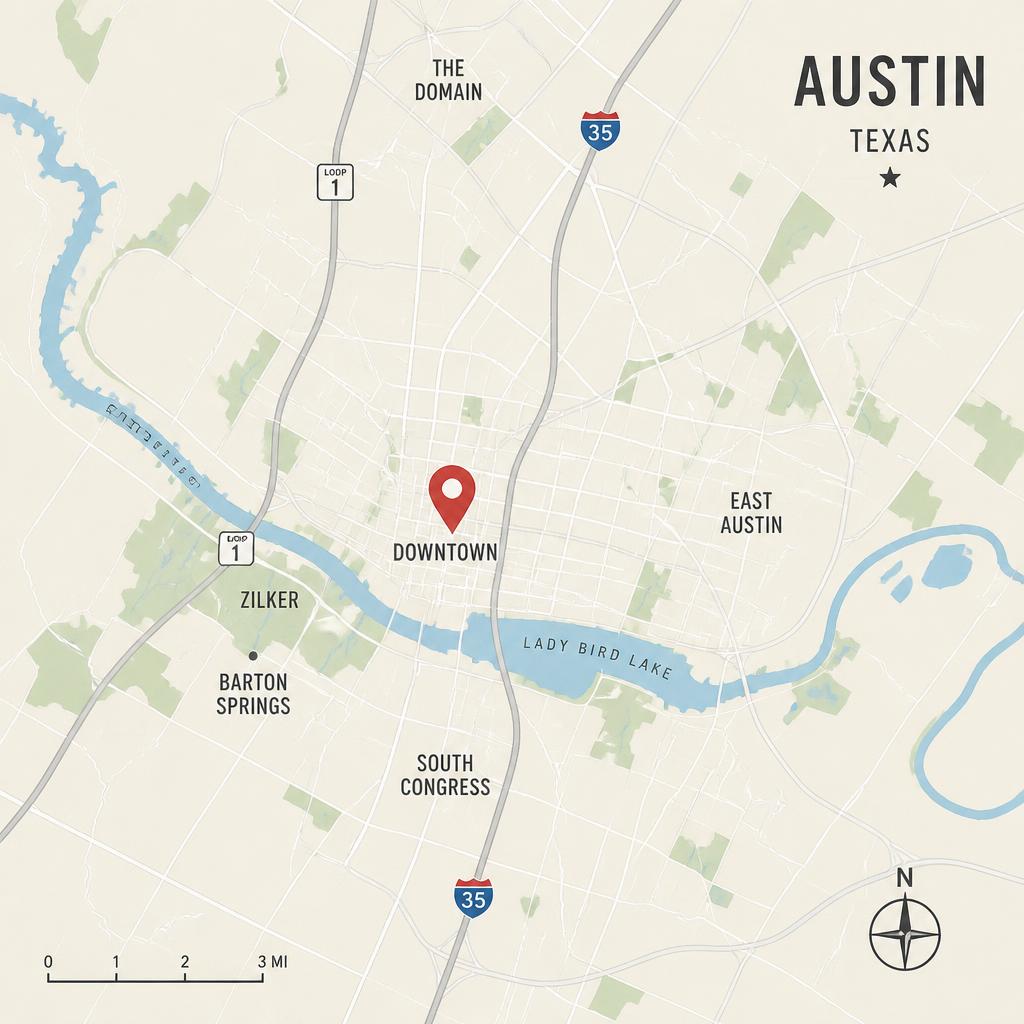 Illustrated map of Austin with Lady Bird Lake, Downtown, South Congress, and East Austin, crimson pin over downtown