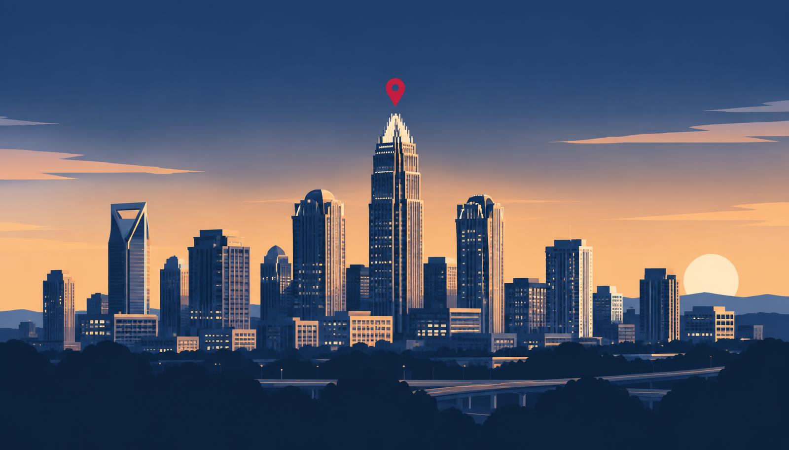 Minimalist Charlotte, North Carolina skyline at dusk with the Bank of America Corporate Center crown, a crimson map pin above Uptown, header image for the best online reputation management companies in Charlotte reviewed