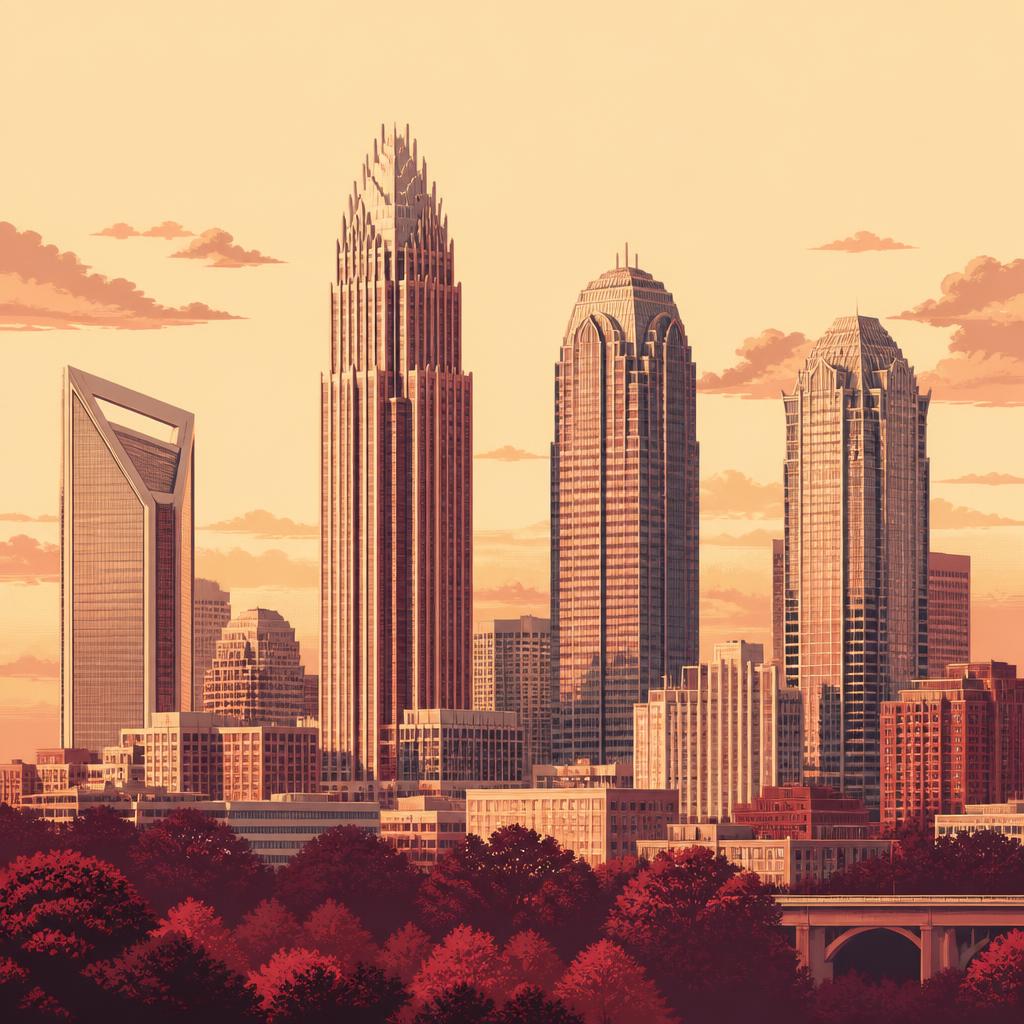 Stylized illustration of the Charlotte skyline with the crown-topped Bank of America Corporate Center, Duke Energy Center, and Truist Center at golden hour