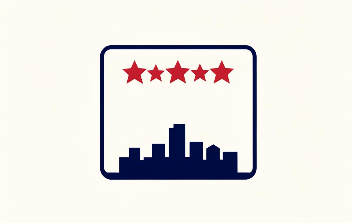 Simple review card with crimson stars above a stylized Charlotte skyline outline, representing Google review velocity for Charlotte local businesses
