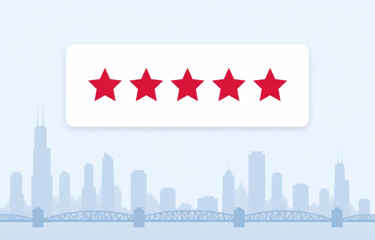 Simple review card with crimson stars above a stylized Chicago skyline and bridge outline, representing Google review velocity for Chicago local businesses