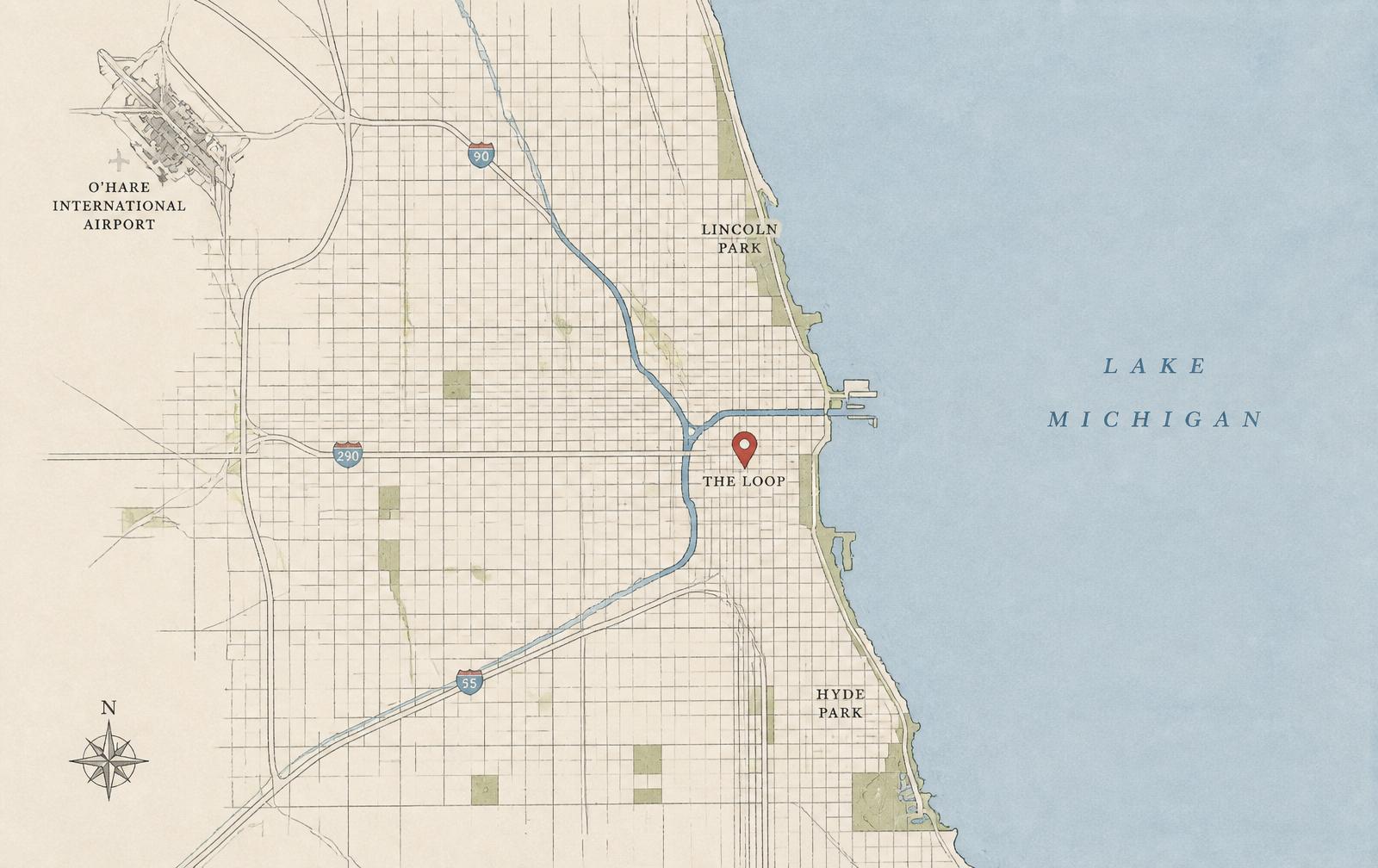 Illustrated map of Chicago with the Chicago River and Lake Michigan, crimson pin over the Loop