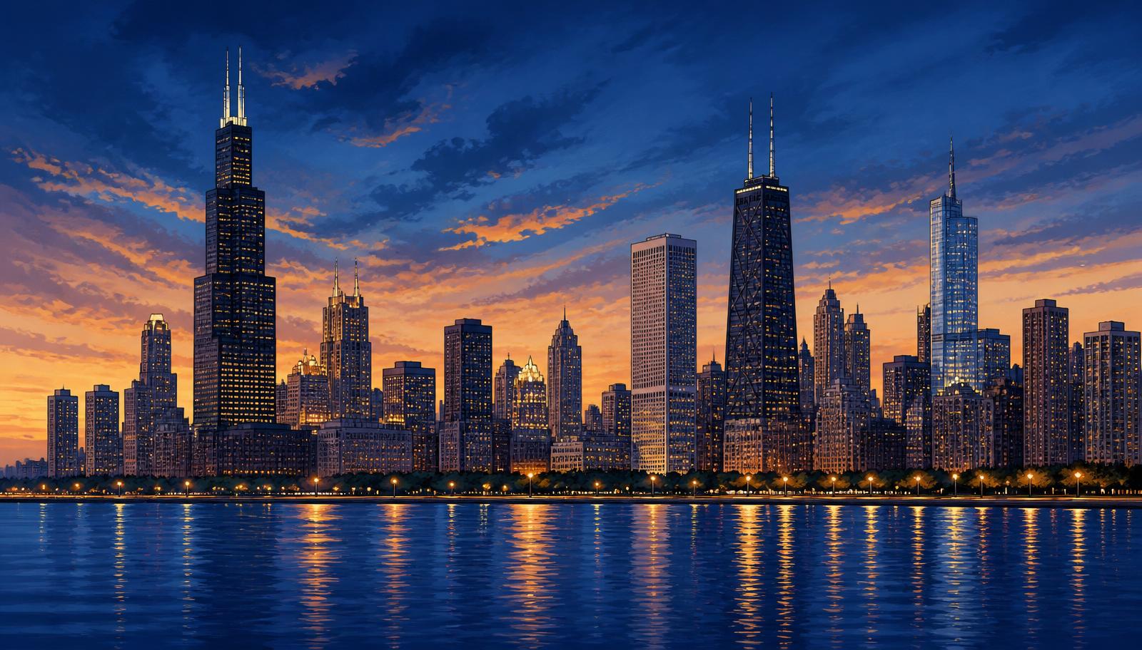 Stylized illustration of the Chicago skyline at dusk from Lake Michigan