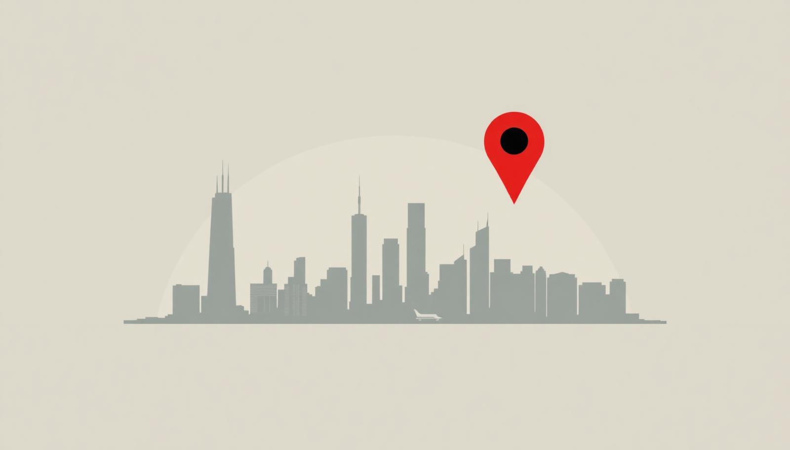 Minimalist Chicago skyline silhouette with a crimson map pin, header image for the top online reputation management companies in Chicago for 2026