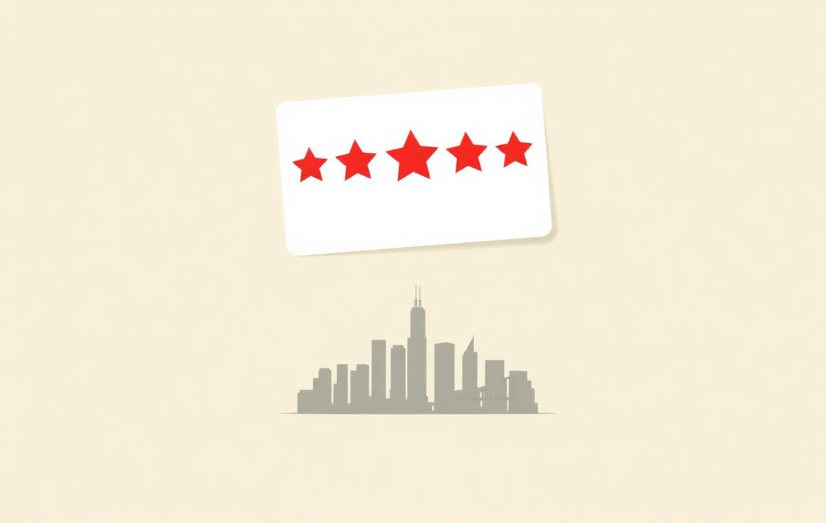 Simple review card with crimson stars above a stylized Chicago skyline silhouette, representing Google review velocity for Chicago local businesses
