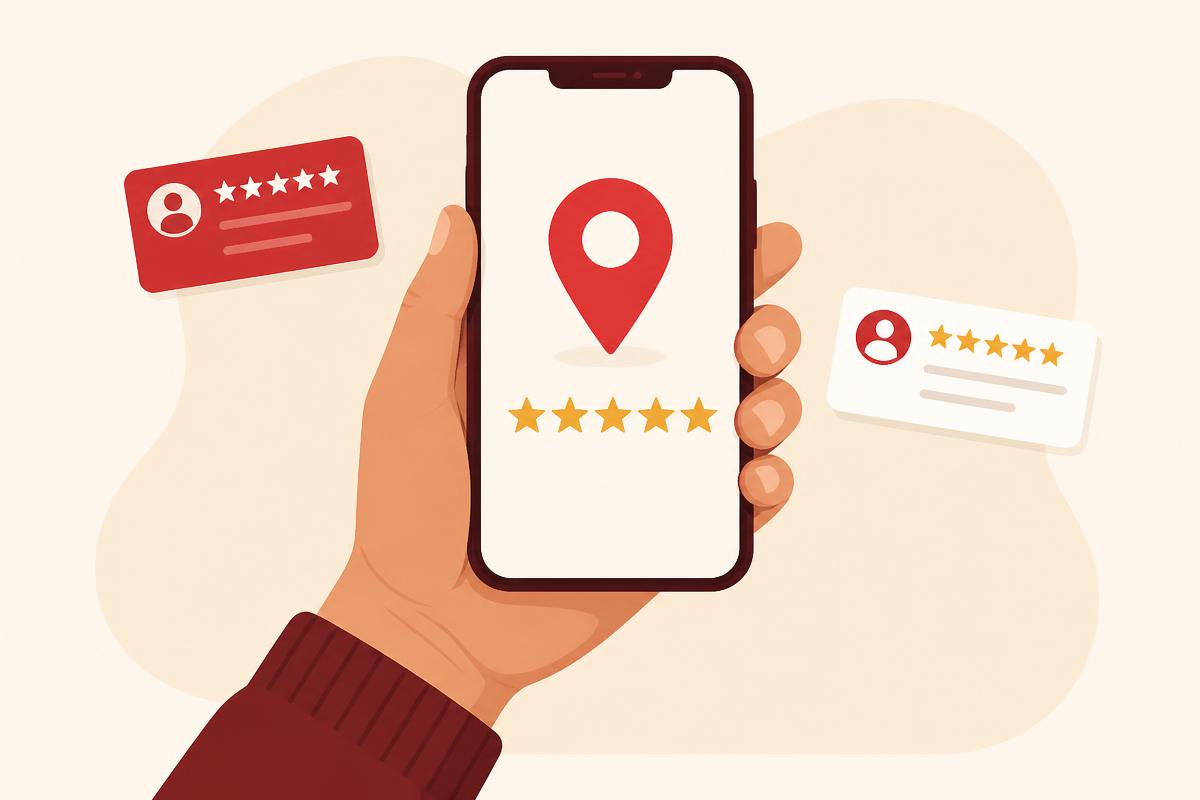 Illustration of a phone showing five stars and a local map pin