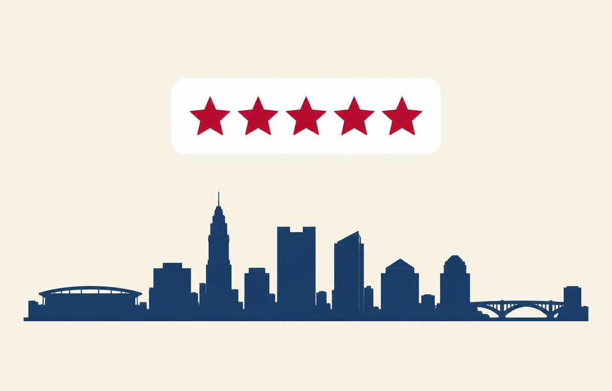 Review card with five crimson stars above a navy silhouette of the Columbus, Ohio skyline, representing Google review growth for Columbus businesses