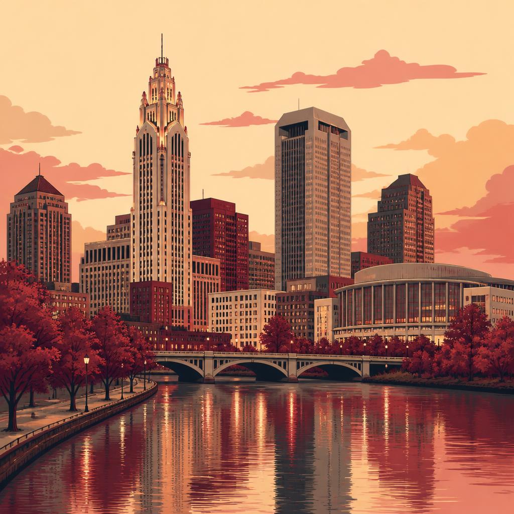 Stylized illustration of the Columbus skyline with the art deco LeVeque Tower and the Scioto Mile at dusk