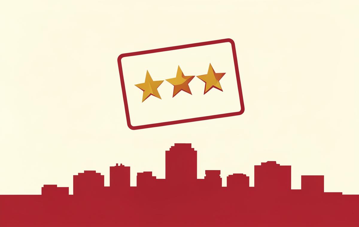 Simple review card with stars above a stylized Columbus skyline, representing Google review velocity for Columbus local businesses